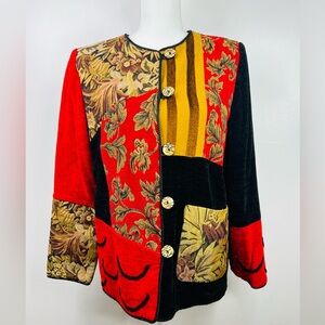 Elegant Patchwork Blazer - Red, Black, Gold